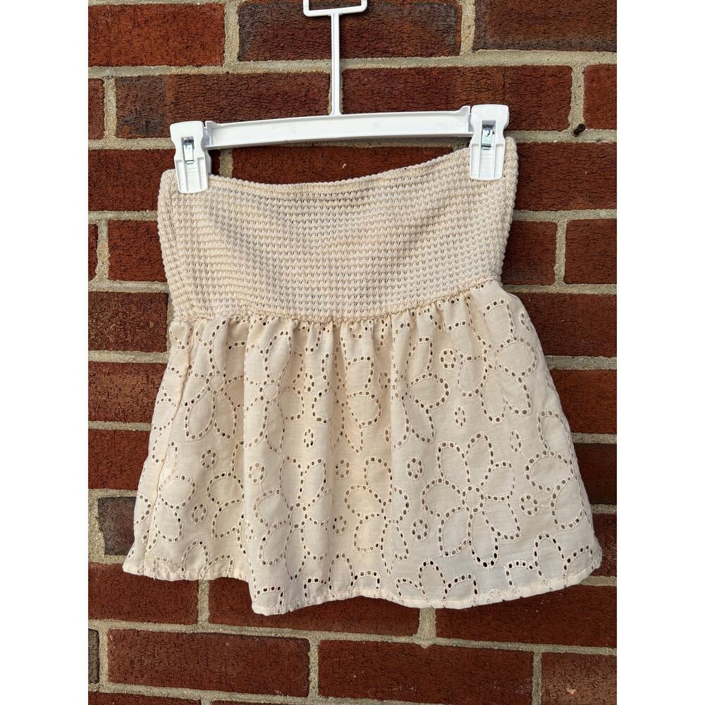 Strapless Eyelet Tube Top XS Beige Floral Embroidered Boho Blouse - Picture 6 of 8